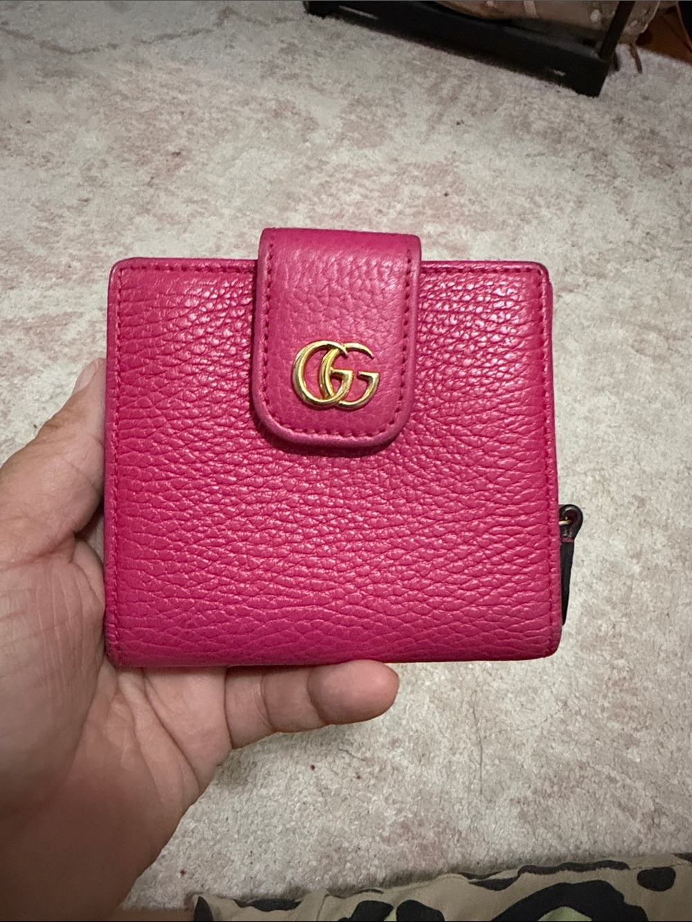 Gucci Fuchsia Pink Pebbled Leather Compact Wallet with Gold Double G